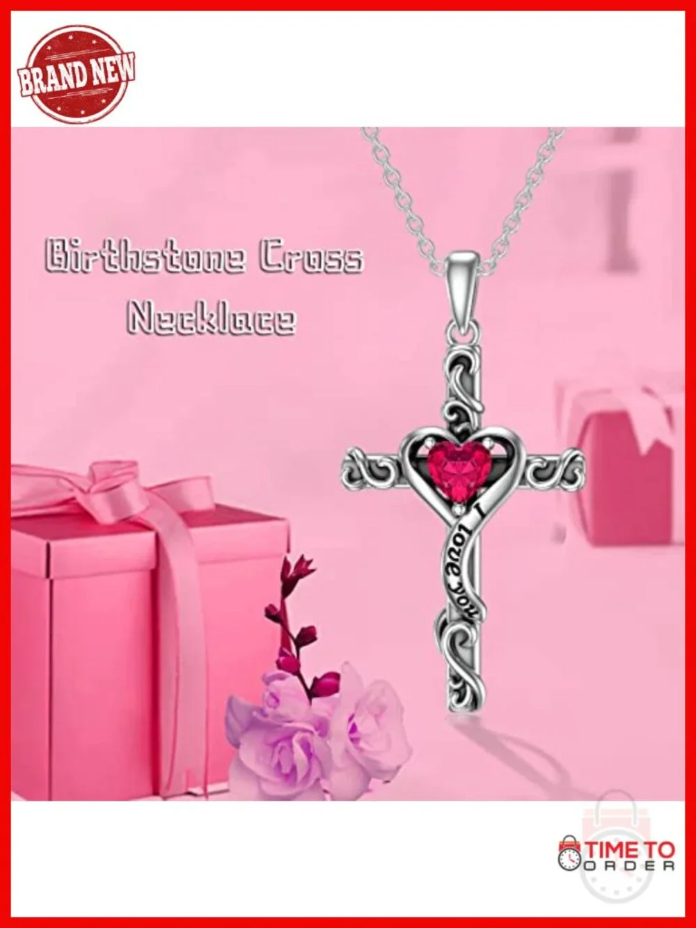925 Sterling Silver Cross Pendant Ruby Birthstone Necklace
